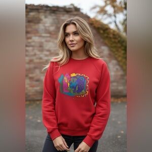 Laurel Burch Red Amazonia Graphic Vintage 80s 90s Handpainted Sweatshirt Size XL